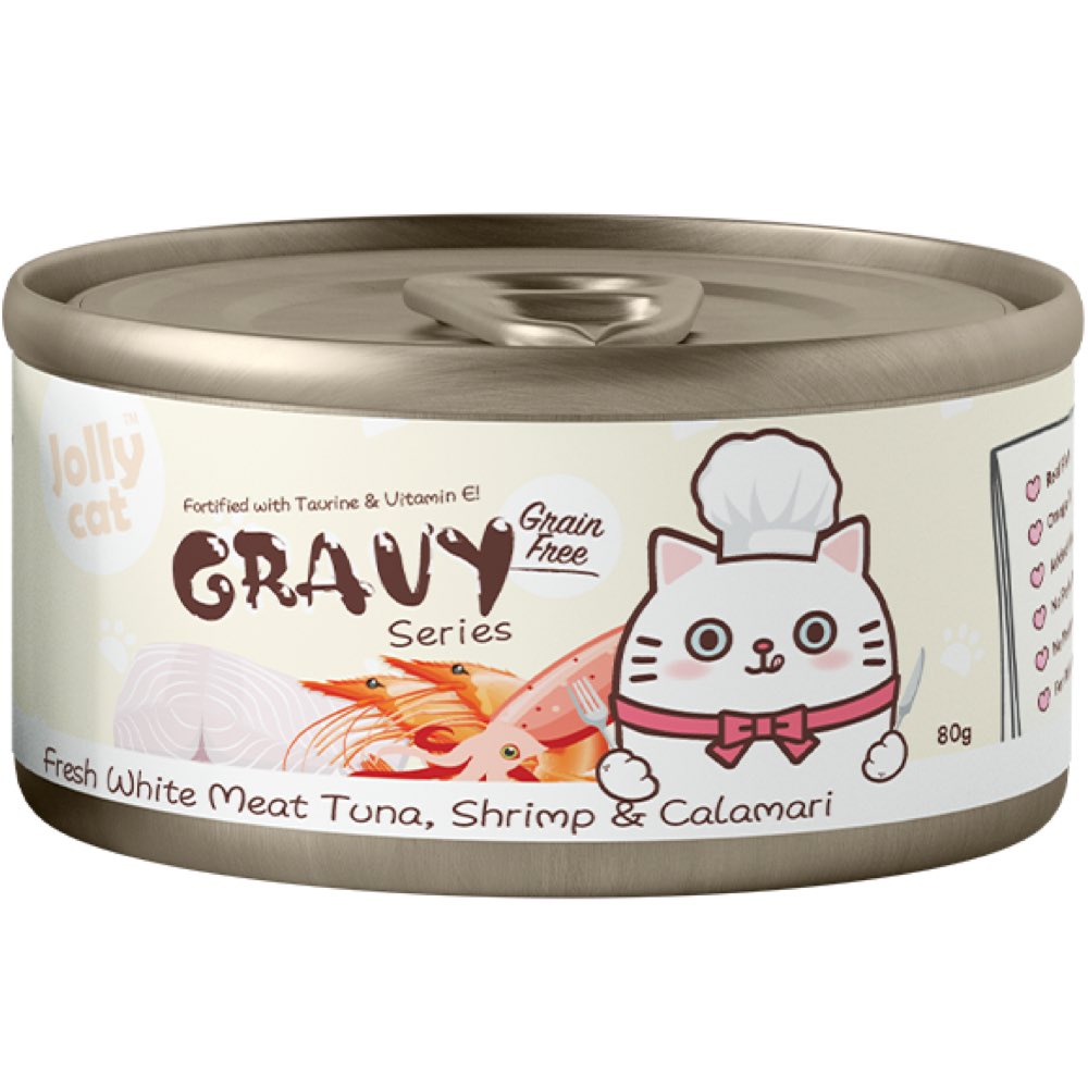 "Jollycat Fresh White Meat Tuna, Shrimp & Calamari In Gravy Grain-Free Canned Cat Food 80g"