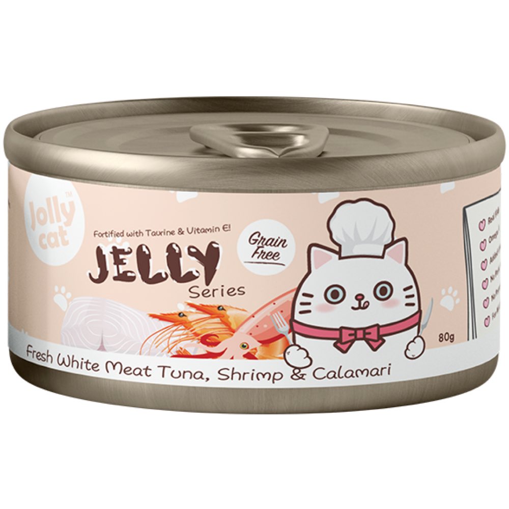 "Jollycat Fresh White Meat Tuna, Shrimp & Calamari In Jelly Grain-Free Canned Cat Food 80g"